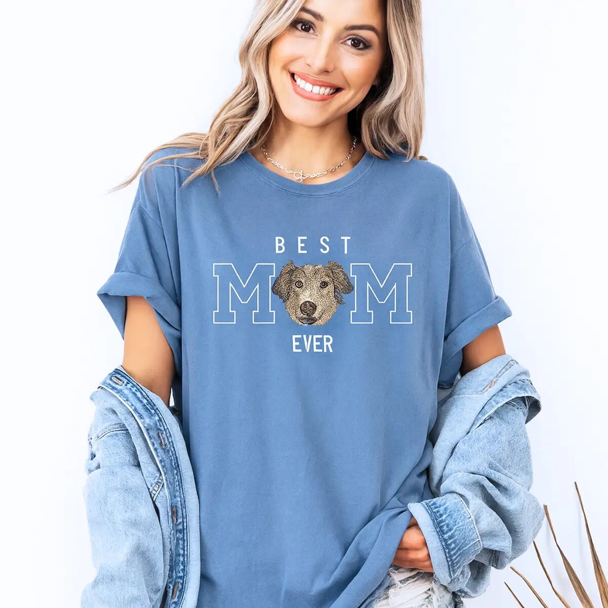 Custom embroidered shirt featuring dog photo portrait with personalized sleeve text