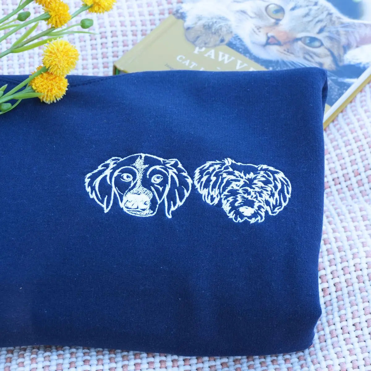 Custom embroidered shirt featuring dog photo portrait with personalized sleeve text
