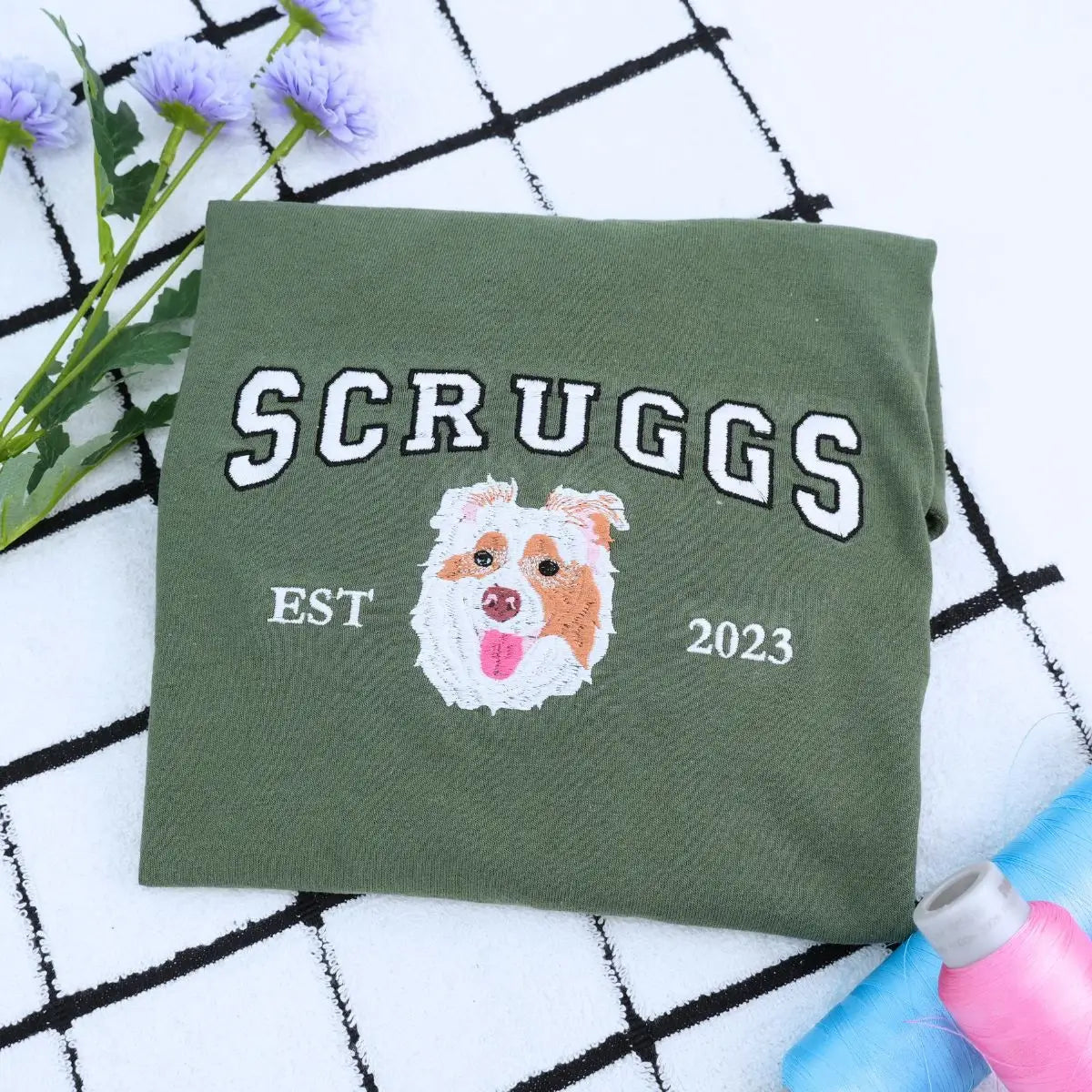 Custom embroidered shirt featuring dog photo portrait with personalized sleeve text