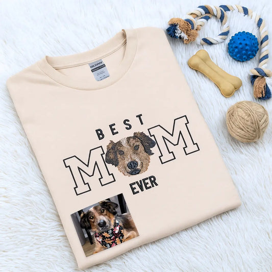 Custom embroidered shirt featuring dog photo portrait with personalized sleeve text