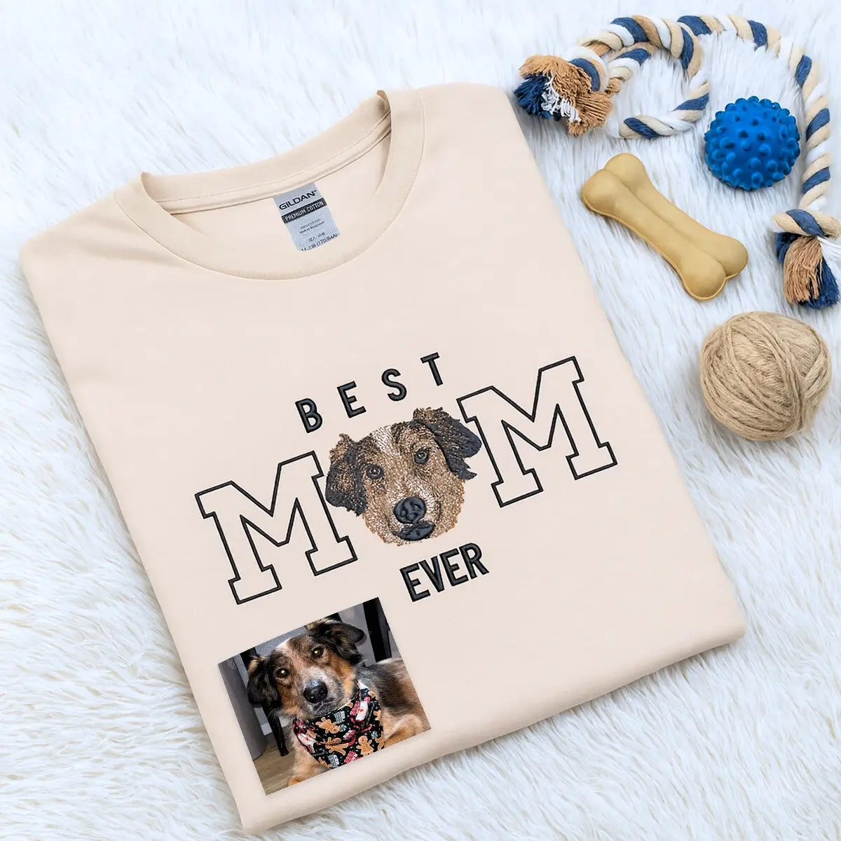 Custom embroidered shirt featuring dog photo portrait with personalized sleeve text