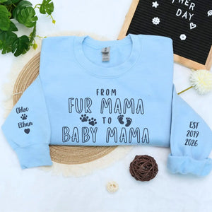 Custom embroidered dog mom sweatshirt with pet portrait on sleeve and fur mama to baby mama text