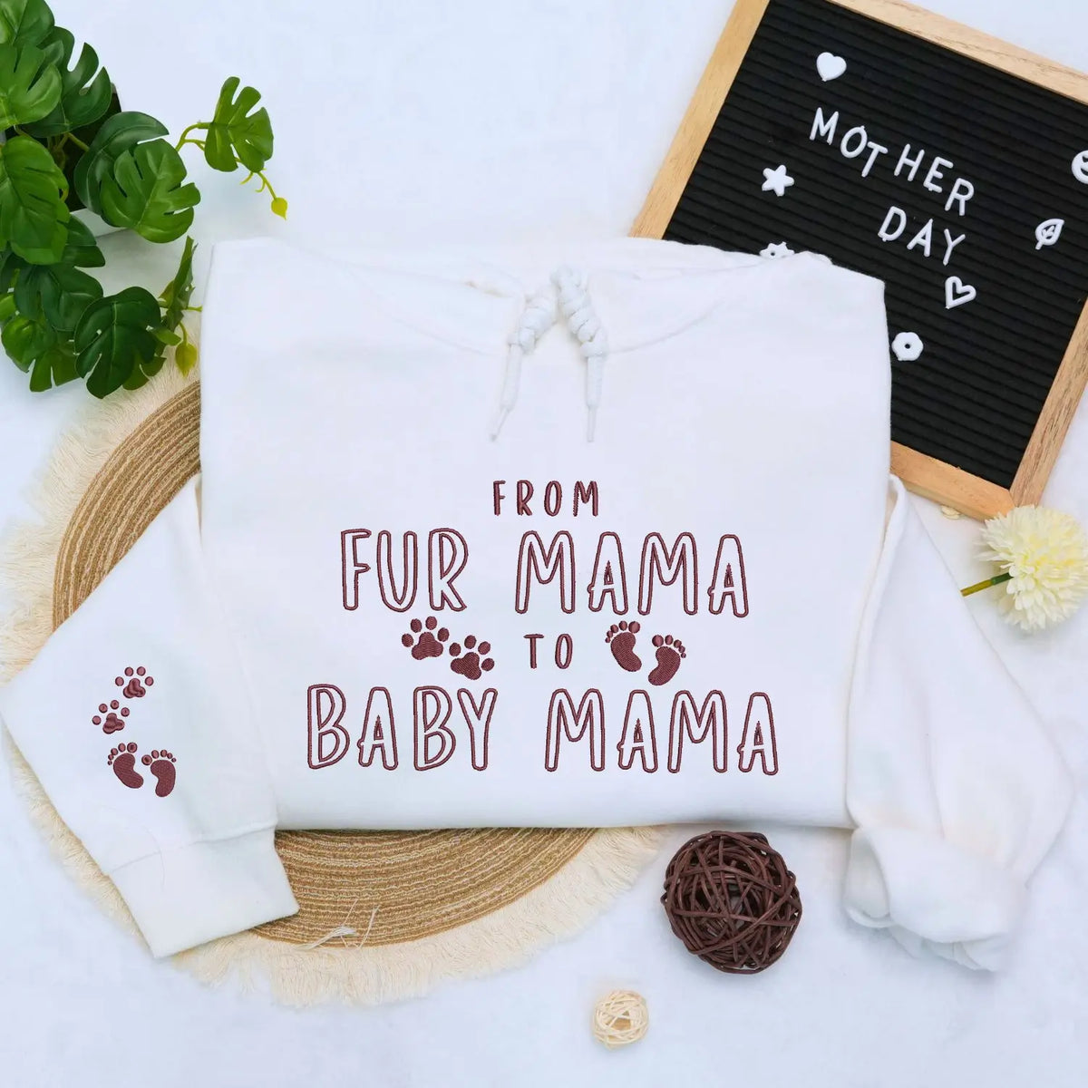 Custom embroidered dog mom sweatshirt with pet portrait on sleeve and fur mama to baby mama text