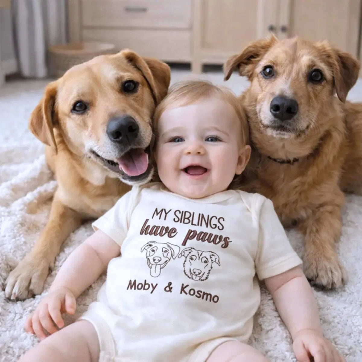 Personalized newborn baby onesie with embroidered dog portrait, soft cotton, ideal gift for pet-loving families
