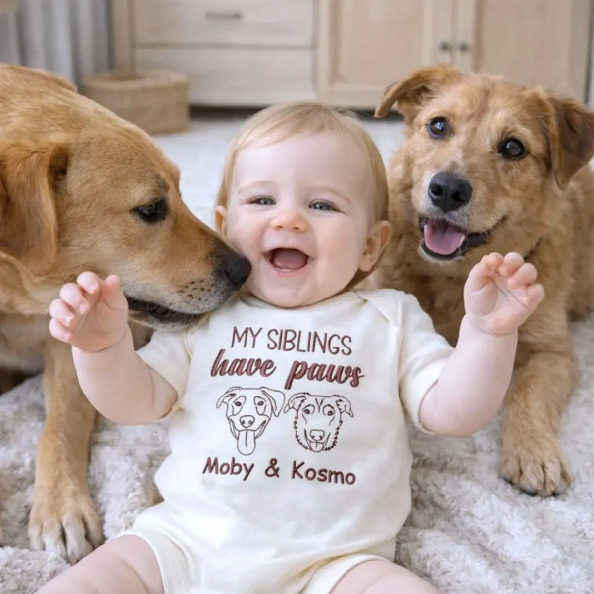 Personalized newborn baby onesie with embroidered dog portrait, soft cotton, ideal gift for pet-loving families