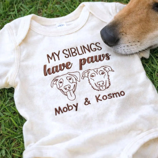 Personalized newborn baby onesie with embroidered dog portrait, soft cotton, ideal gift for pet-loving families