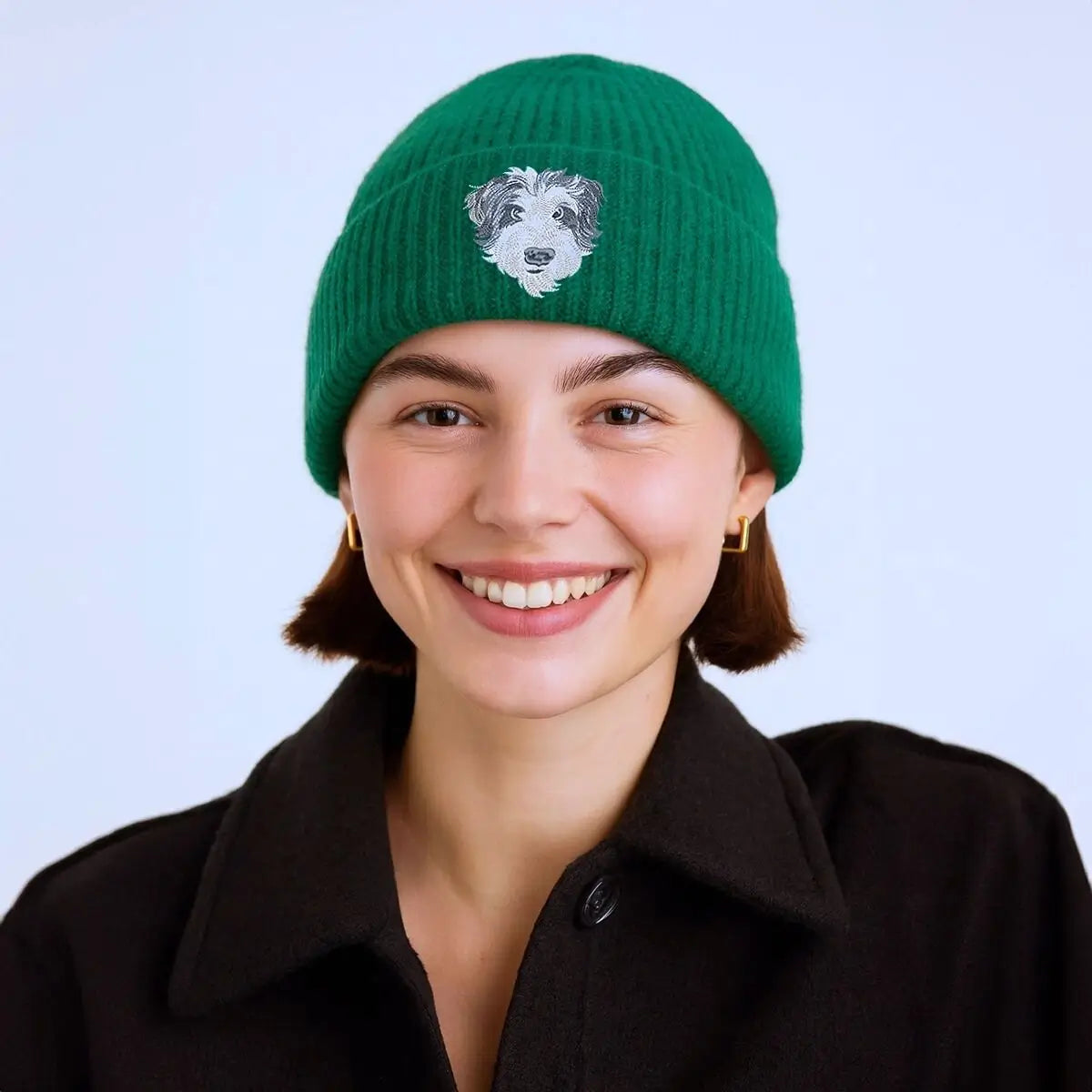 Custom embroidered beanie with realistic dog portrait stitched from photo