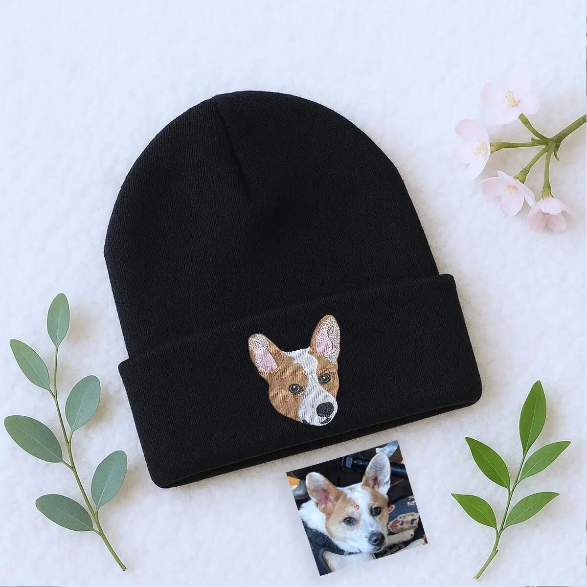 Custom embroidered beanie with realistic dog portrait stitched from photo