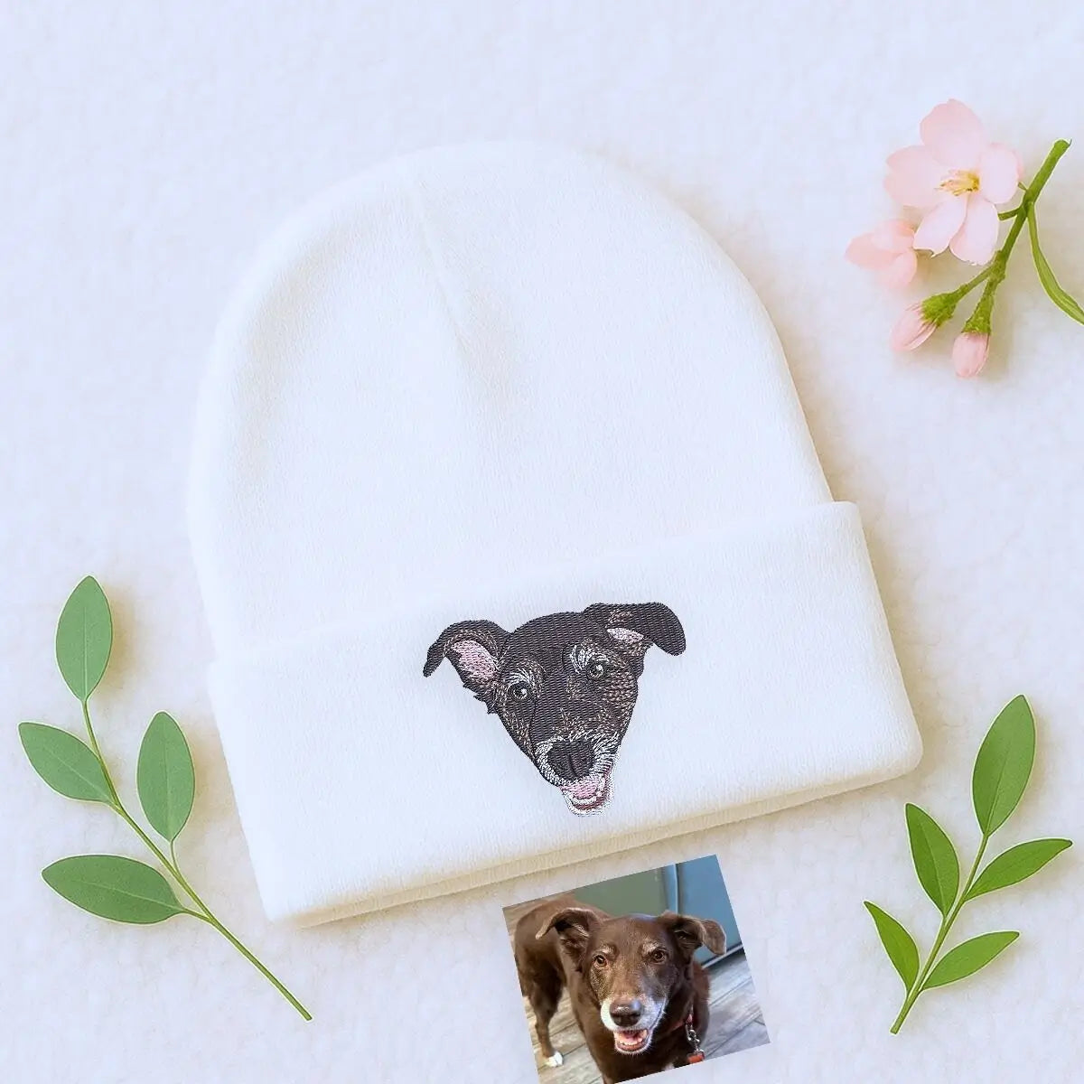 Custom embroidered beanie with realistic dog portrait stitched from photo
