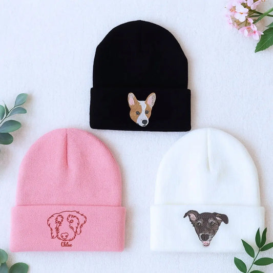 Custom embroidered beanie with realistic dog portrait stitched from photo