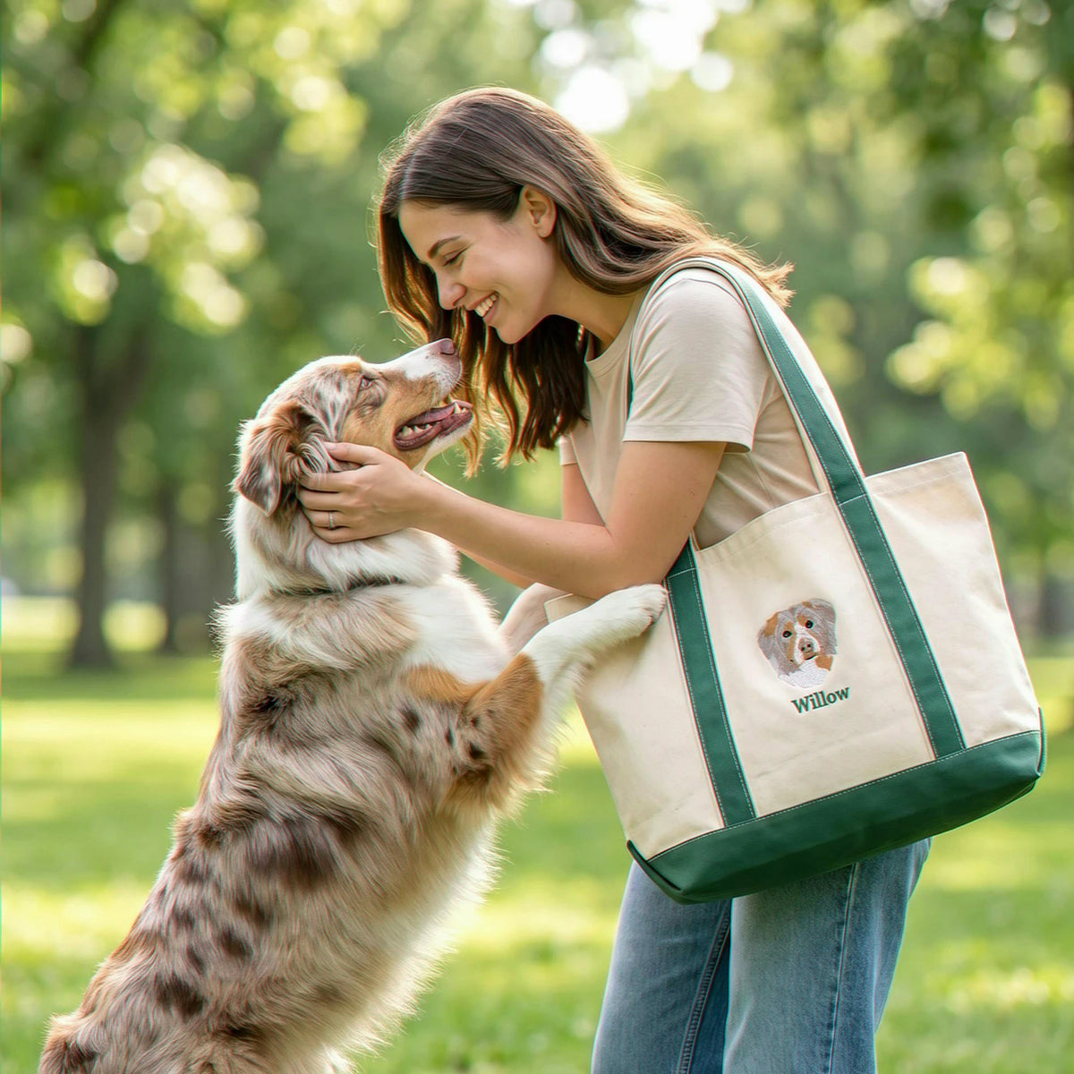 Custom Dog Portrait Tote Bag for Birthday Aunt - Embroidered Pet Photo Full Color Bag & Name - Gift for Her