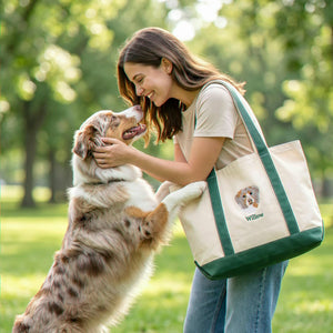 Custom Dog Portrait Tote Bag for Birthday Aunt - Embroidered Pet Photo Full Color Bag & Name - Gift for Her