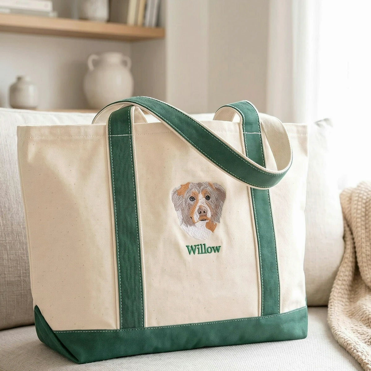 Custom Dog Portrait Tote Bag for Birthday Aunt - Embroidered Pet Photo Full Color Bag & Name - Gift for Her