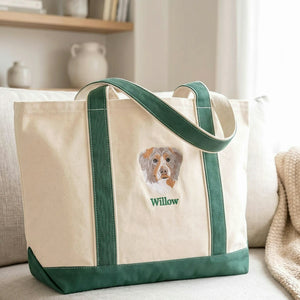 Custom Dog Portrait Tote Bag for Birthday Aunt - Embroidered Pet Photo Full Color Bag & Name - Gift for Her