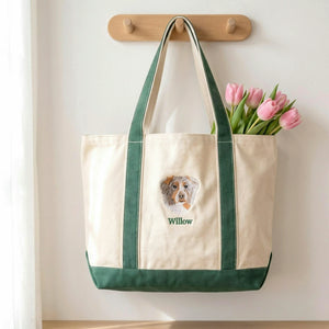 Custom Dog Portrait Tote Bag for Birthday Aunt - Embroidered Pet Photo Full Color Bag & Name - Gift for Her