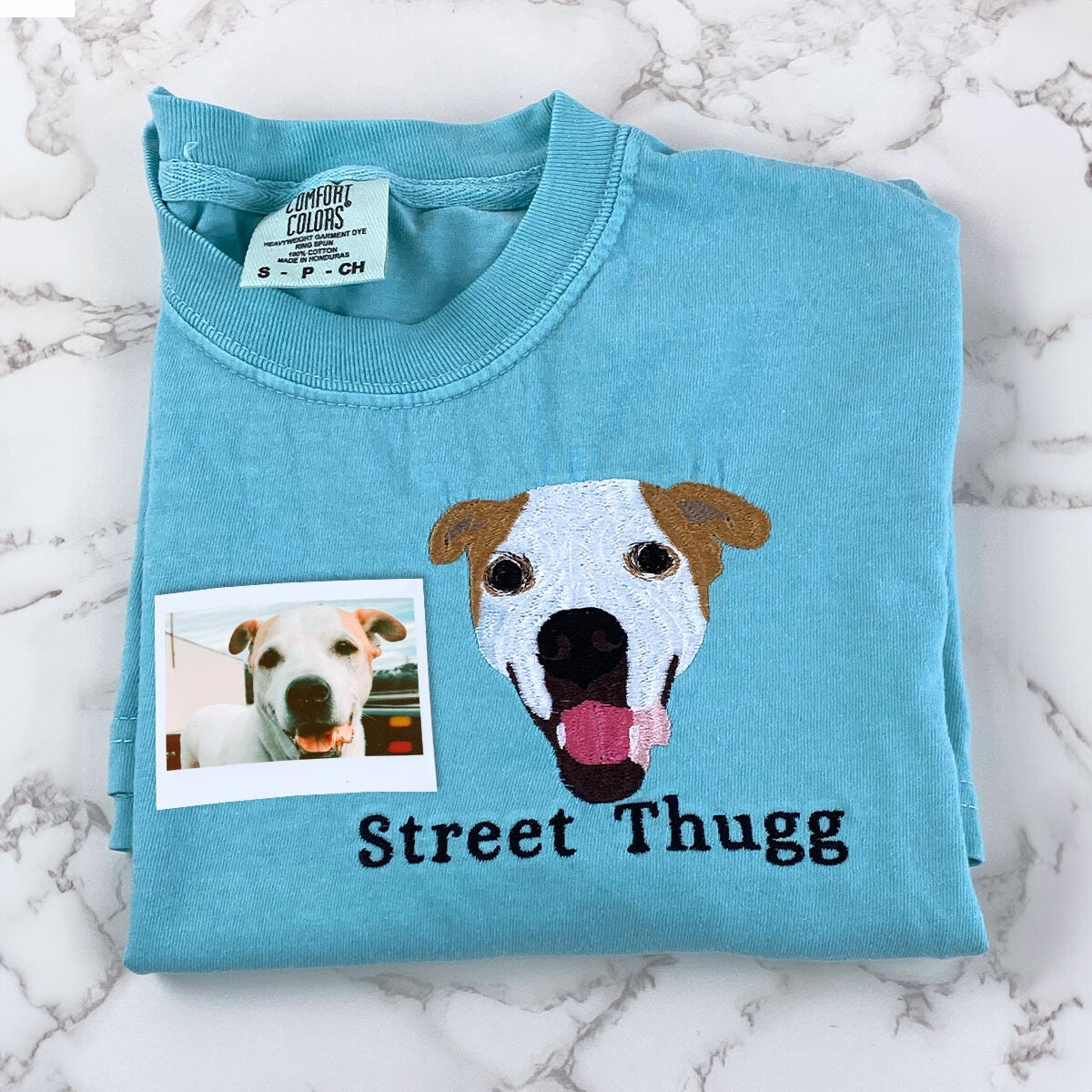 Teal Comfort Colors tee with colorful embroidered dog face and custom pet name stitched below