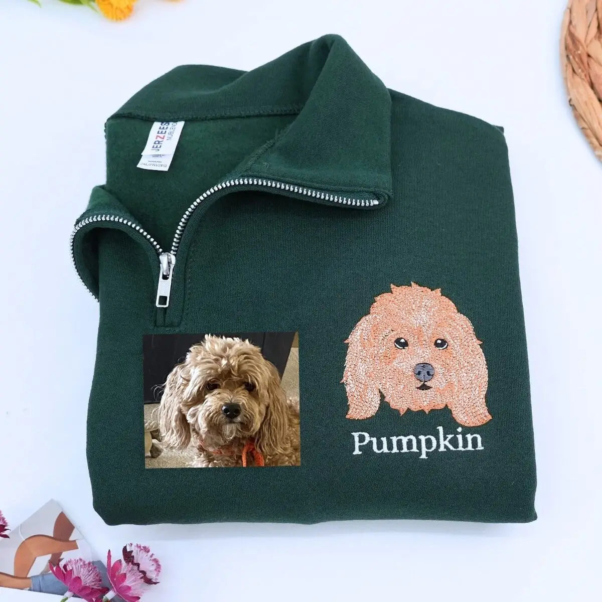 Embroidered quarter-zip hoodie with custom dog portrait for dog moms