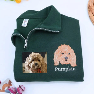 Embroidered quarter-zip hoodie with custom dog portrait for dog moms