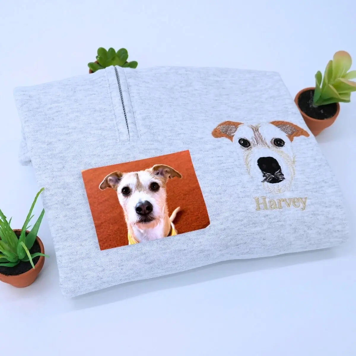 Embroidered quarter-zip hoodie with custom dog portrait for dog moms