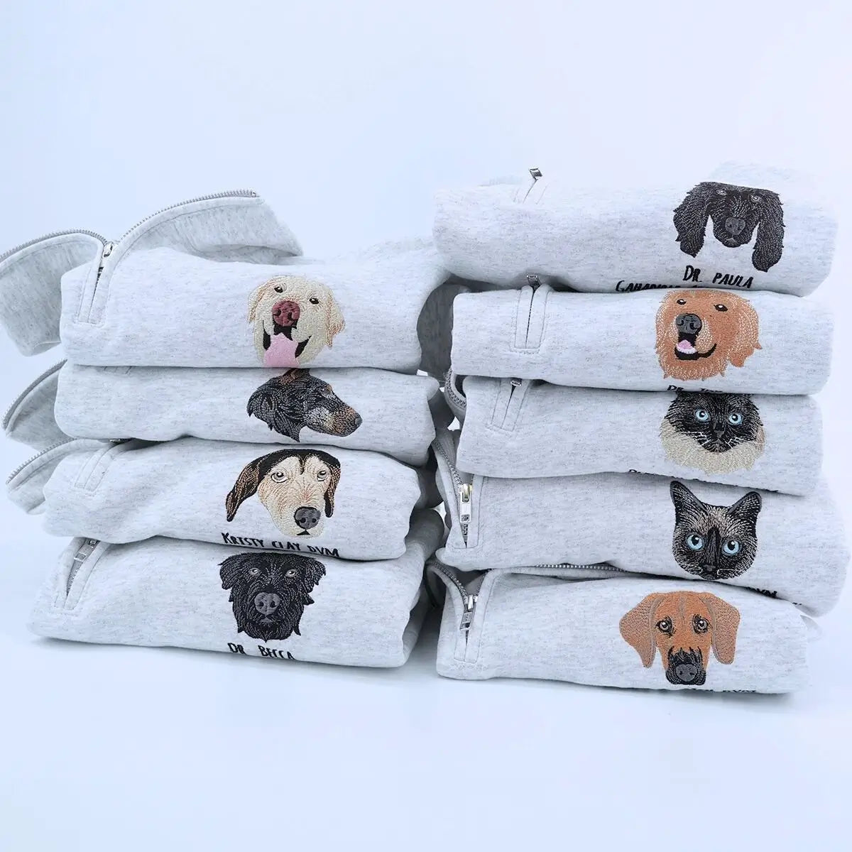 Embroidered quarter-zip sweatshirt with custom dog portrait for dog moms
