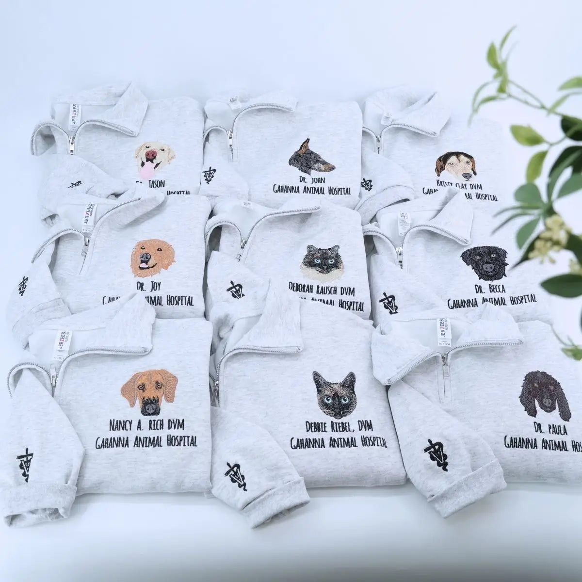 Embroidered quarter-zip sweatshirt with custom dog portrait for dog moms