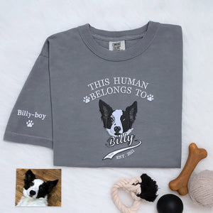 Custom embroidered shirt with pet dog portrait, name, and year on chest, personalized sleeve text