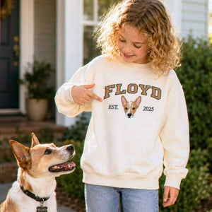 Custom Dog Portrait Est Varsity Youth Sweatshirt, Embroidered Pet Photo & Name Crewneck for Kids