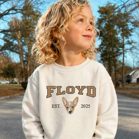 Custom Dog Portrait Est Varsity Youth Sweatshirt, Embroidered Pet Photo & Name Crewneck for Kids