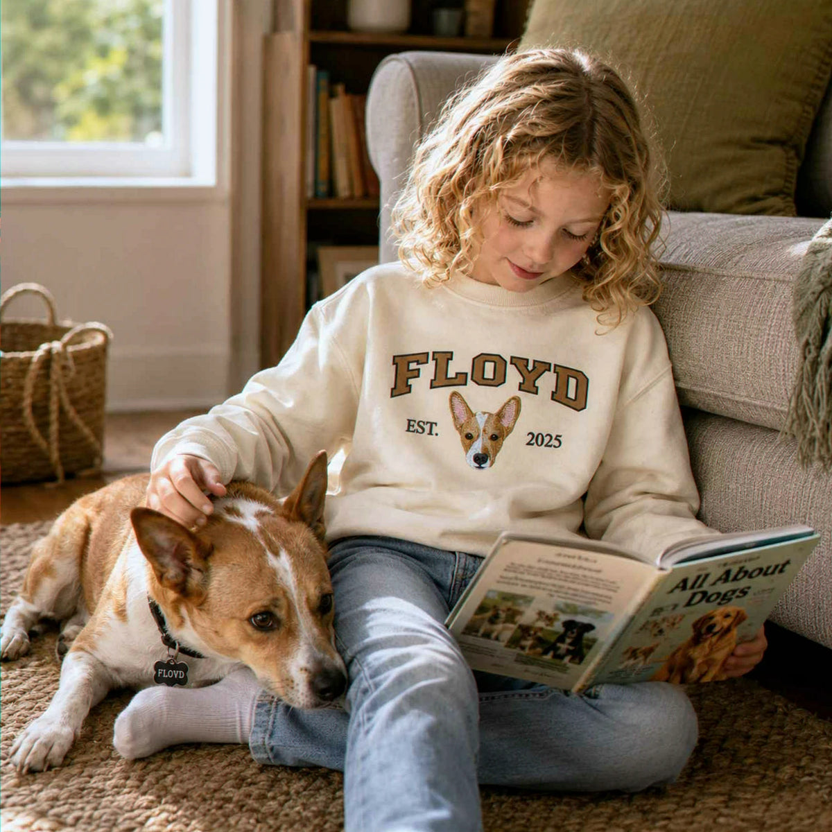 Custom Dog Portrait Est Varsity Youth Sweatshirt, Embroidered Pet Photo & Name Crewneck for Kids