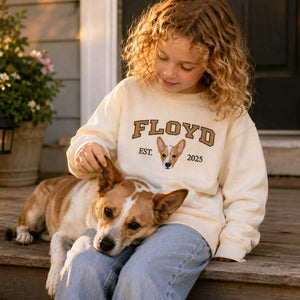 Custom Dog Portrait Est Varsity Youth Sweatshirt, Embroidered Pet Photo & Name Crewneck for Kids