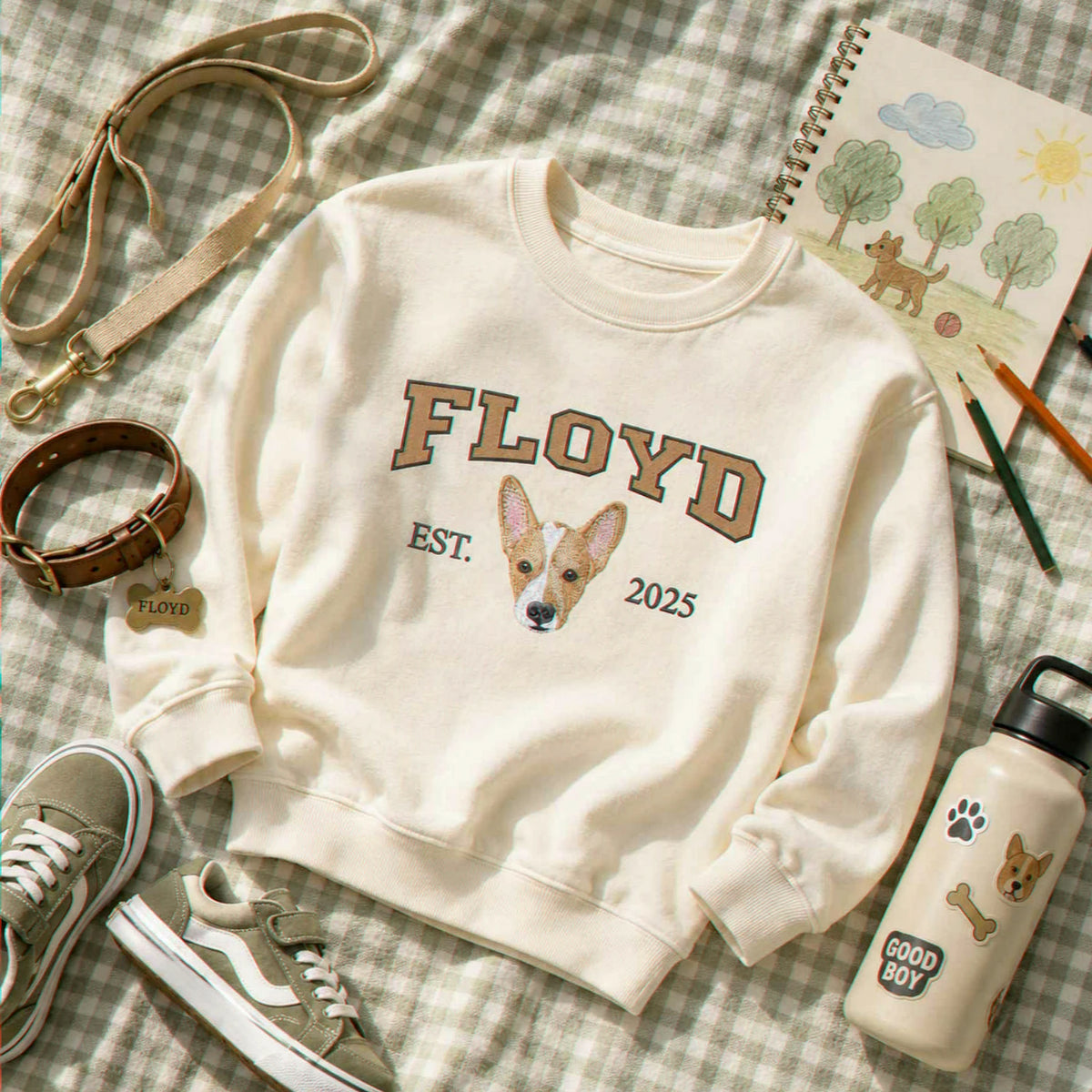 Custom Dog Portrait Est Varsity Youth Sweatshirt, Embroidered Pet Photo & Name Crewneck for Kids