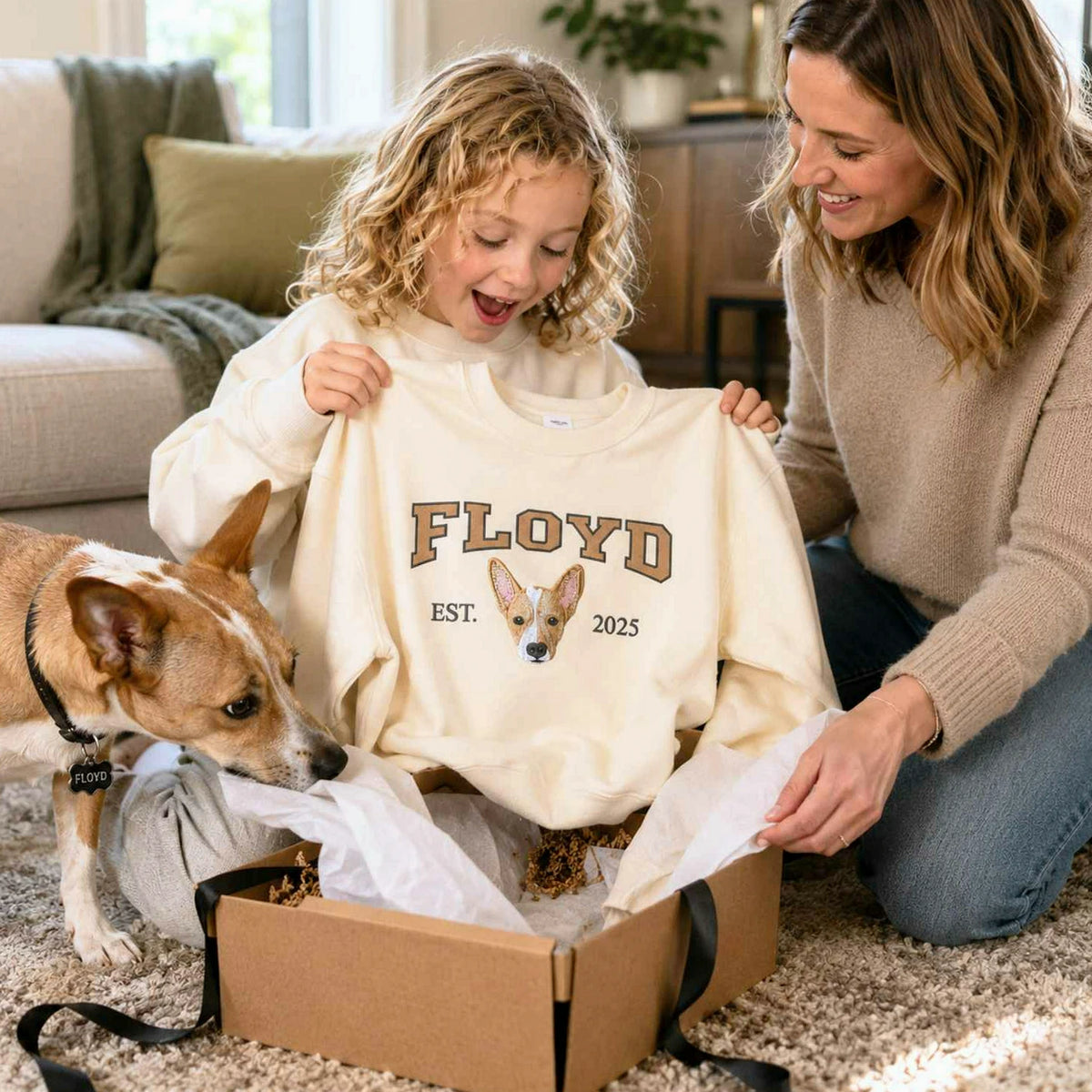 Custom Dog Portrait Est Varsity Youth Sweatshirt, Embroidered Pet Photo & Name Crewneck for Kids