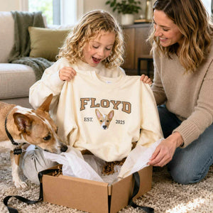 Custom Dog Portrait Est Varsity Youth Sweatshirt, Embroidered Pet Photo & Name Crewneck for Kids