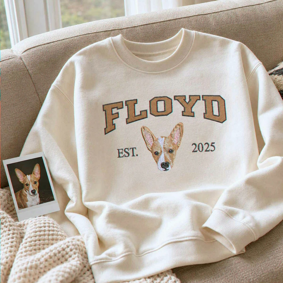 Custom Dog Portrait Est Varsity Youth Sweatshirt, Embroidered Pet Photo & Name Crewneck for Kids