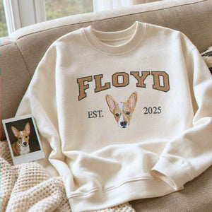 Custom Dog Portrait Est Varsity Youth Sweatshirt, Embroidered Pet Photo & Name Crewneck for Kids