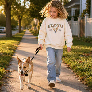Custom Dog Portrait Est Varsity Youth Sweatshirt, Embroidered Pet Photo & Name Crewneck for Kids