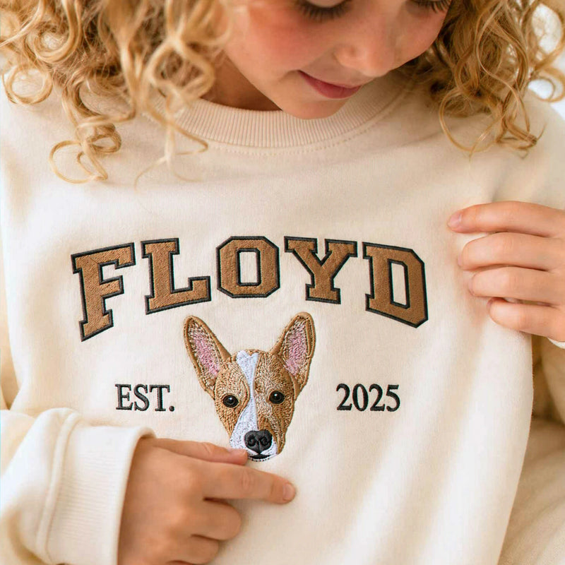 Custom Dog Portrait Est Varsity Youth Sweatshirt, Embroidered Pet Photo & Name Crewneck for Kids