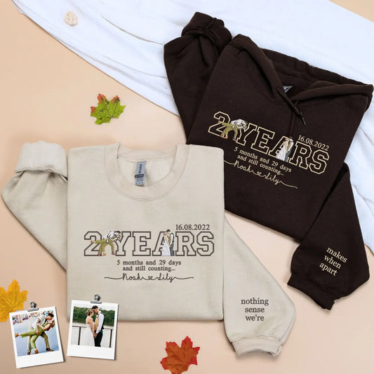 Custom embroidered portrait hoodie from photo with anniversary date, personalized couple sweatshirt gift