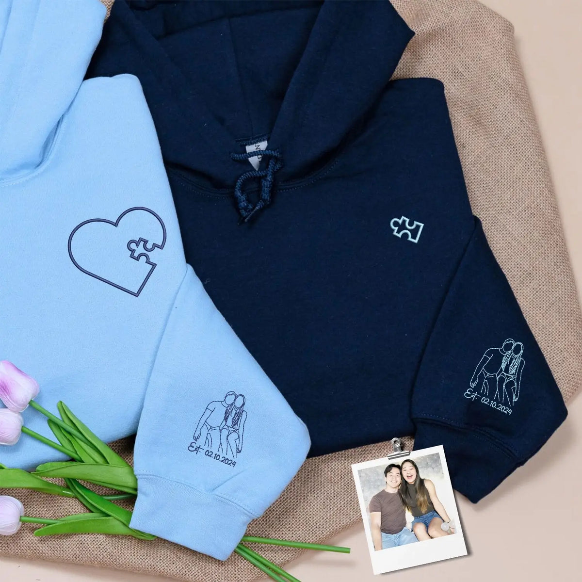 Custom embroidered heart puzzle piece sweatshirt with couple portrait for first wedding anniversary