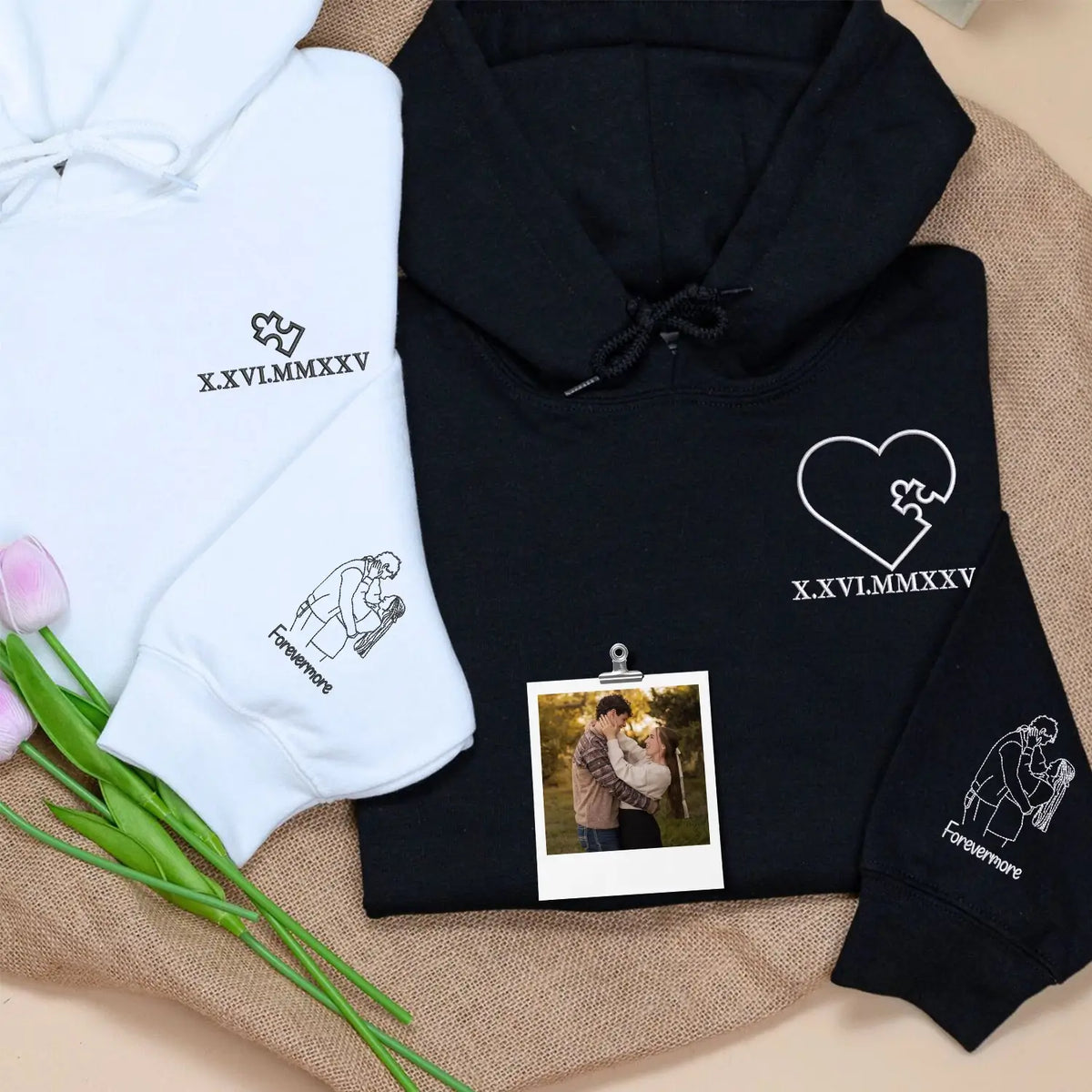 Custom embroidered heart puzzle piece sweatshirt with couple portrait for first wedding anniversary