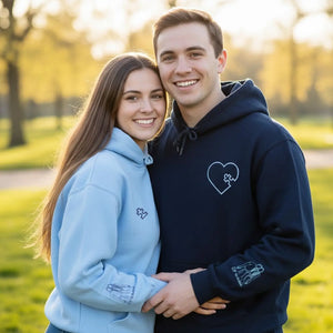 Custom embroidered heart puzzle piece sweatshirt with couple portrait for first wedding anniversary