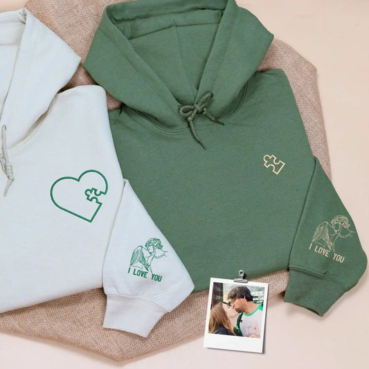 Custom embroidered heart puzzle piece sweatshirt with couple portrait for first wedding anniversary