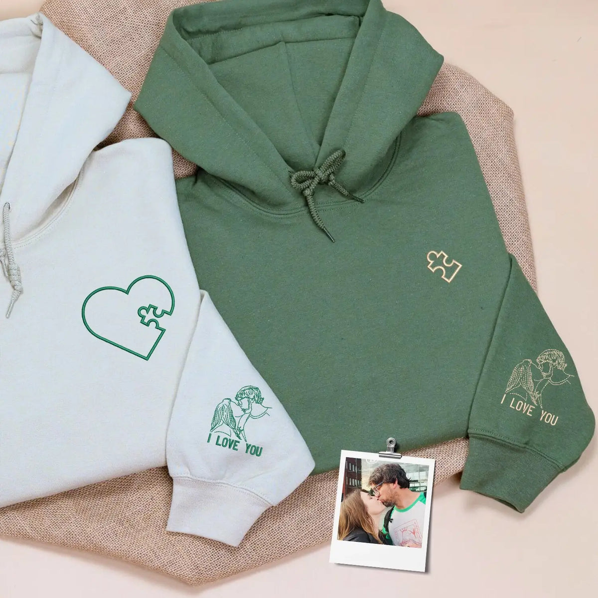 Custom embroidered heart puzzle piece sweatshirt with couple portrait for first wedding anniversary