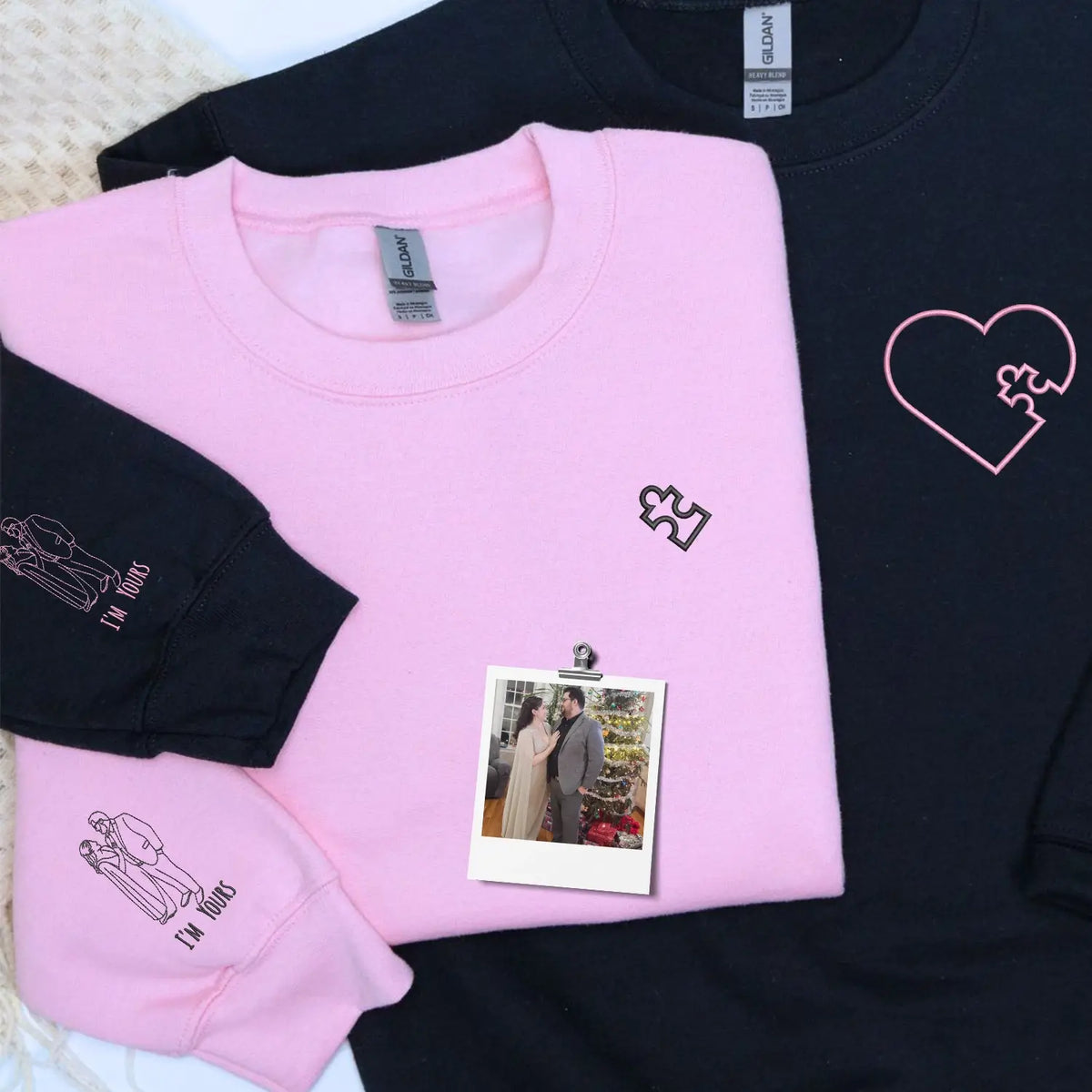 Custom embroidered heart puzzle piece sweatshirt with couple portrait for first wedding anniversary