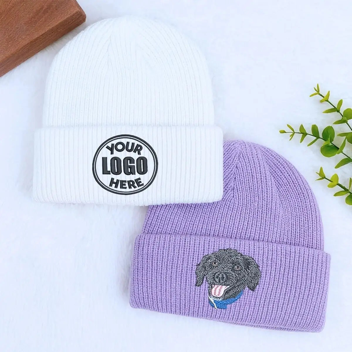 Custom embroidered beanie with personalized text logo, warm winter knit hat for women or branding use.