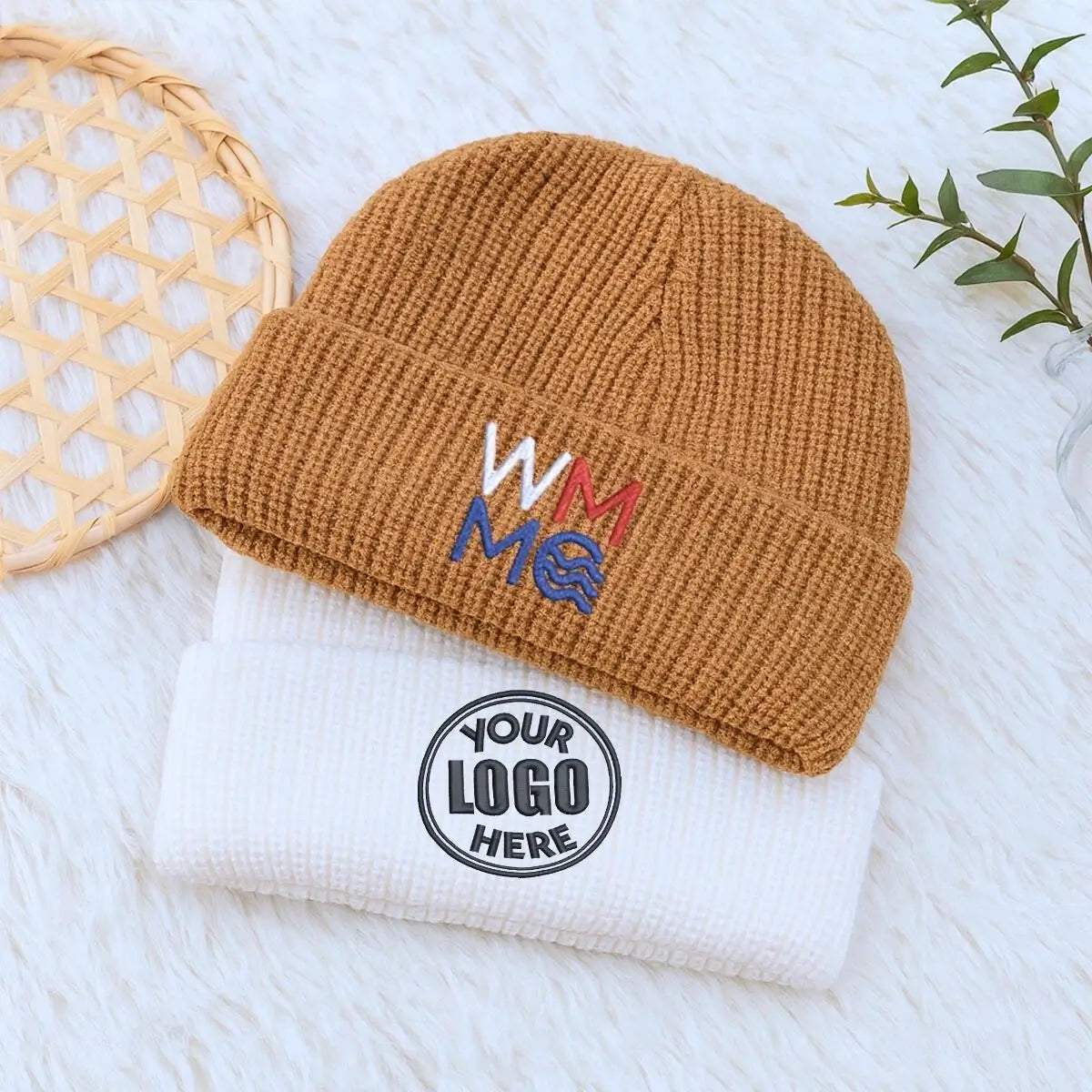Custom embroidered beanie with personalized text logo, warm winter knit hat for women or branding use.