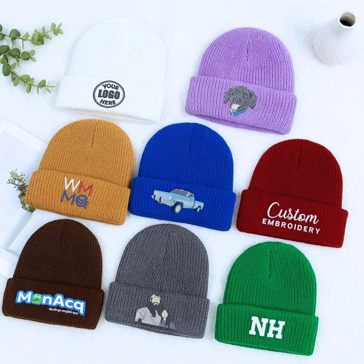 Custom embroidered beanie with personalized text logo, warm winter knit hat for women or branding use.