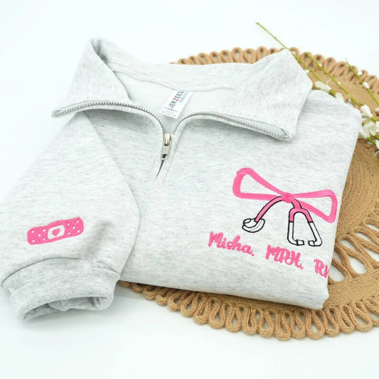 Personalized Nurses Week Gift for Registered Nurse, Custom Embroidered Bow Nurse Quarter Zip Sweatshirt and Hoodie