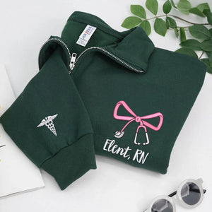 Personalized RN CNA BSN Gift - Custom Name & Title Quarter Zip - Nurse Week Embroidered Bow Pullover