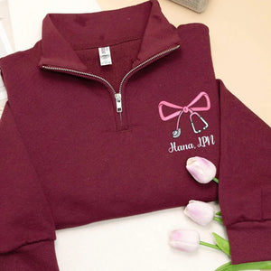 Personalized RN CNA BSN Gift - Custom Name & Title Quarter Zip - Nurse Week Embroidered Bow Pullover